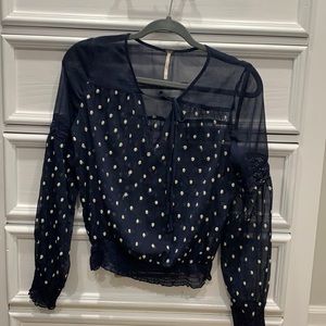 Navy blue and white polkadotted free people Blouse